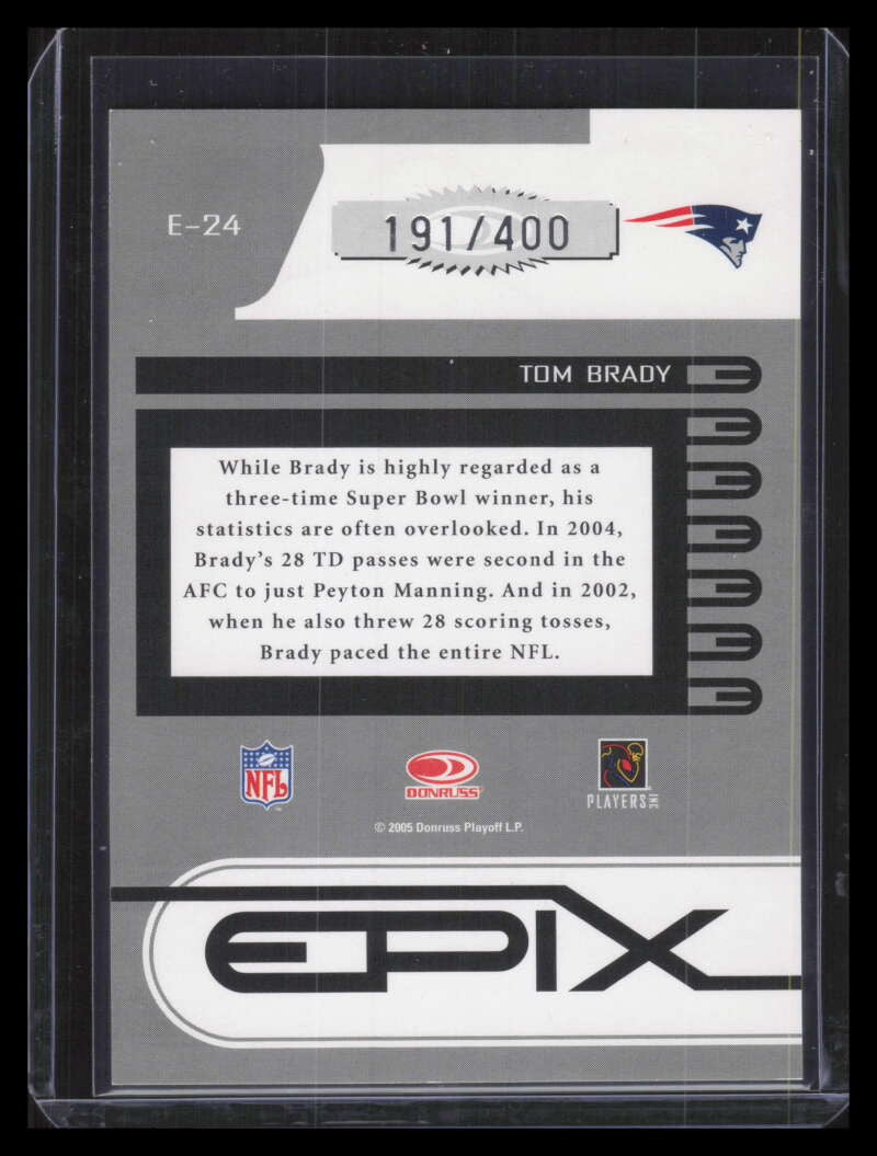 SOLD 128479 2005 Zenith Epix Blue 2nd Down 24 Tom Brady 191/400