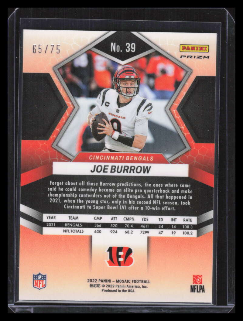 2022 Panini Mosaic Mosaic No Huddle Blue Refractor 39 Joe Burrow 65/75
