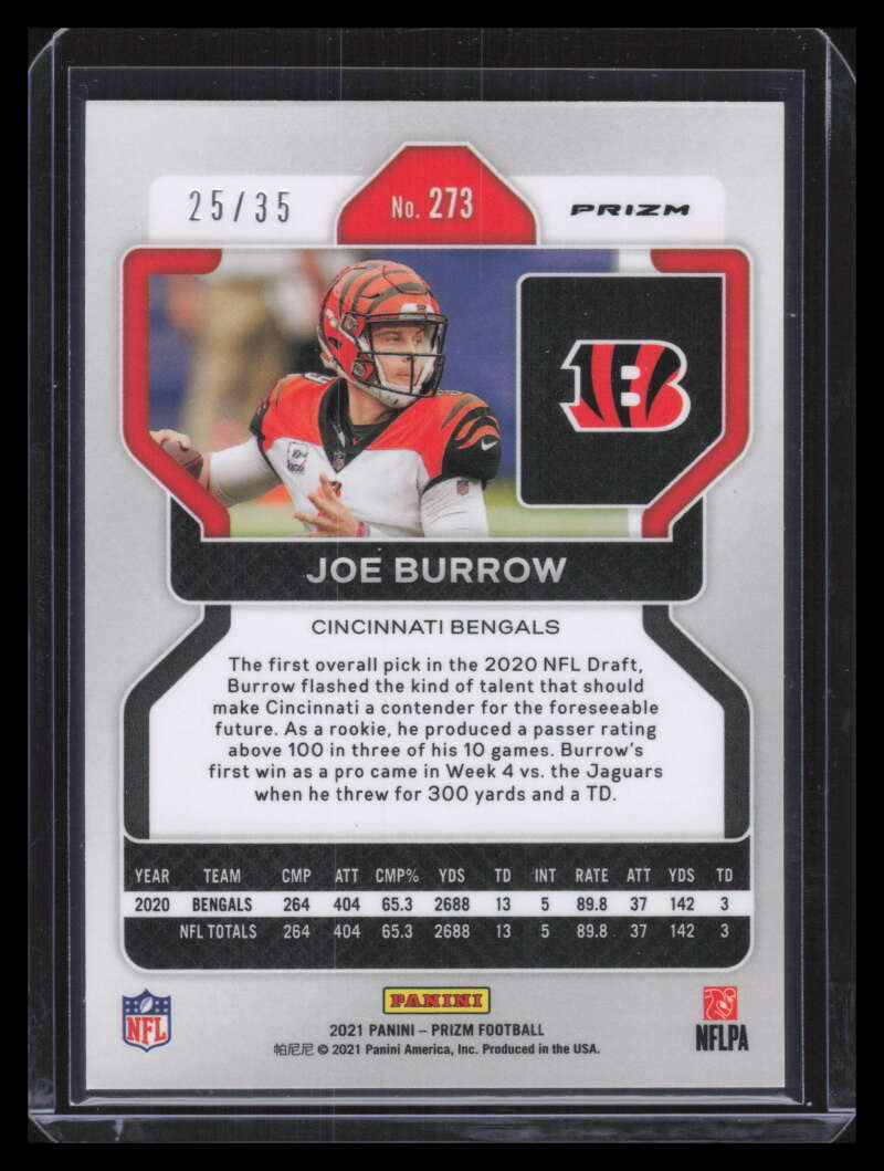 2021 Panini Prizm Prizms No Huddle Purple Refractor 273 Joe Burrow 25/35