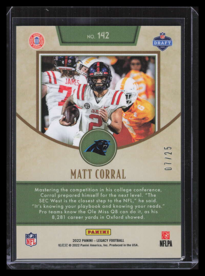DELETE 128577 2022 Panini Legacy Premium Edition Yellow Diamond 142 Matt Corral Rookie 7/25