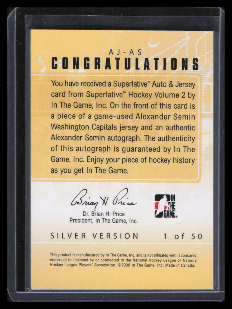 2009-10 ITG Superlative Autographs Silver AJAS Alexander Semin Patch Auto /50