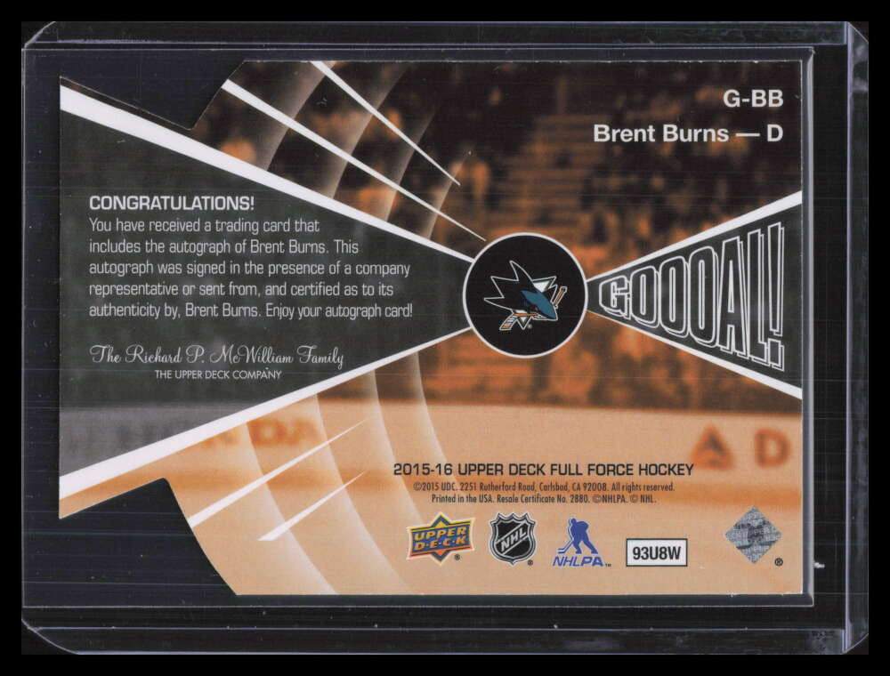 2015-16 Upper Deck Full Force Goooal Autographs GBB Brent Burns Auto