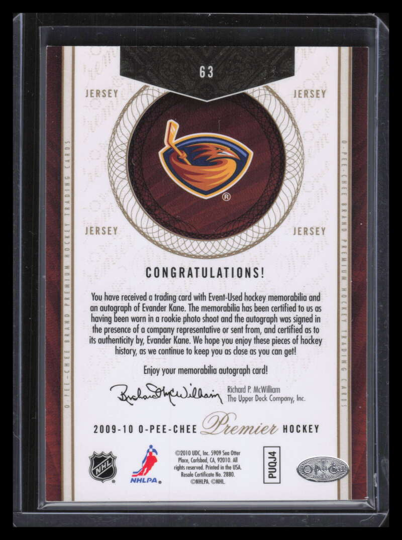2009-10 OPC Premier 63 Evander Kane Rookie Quad Jersey Auto 209/299
