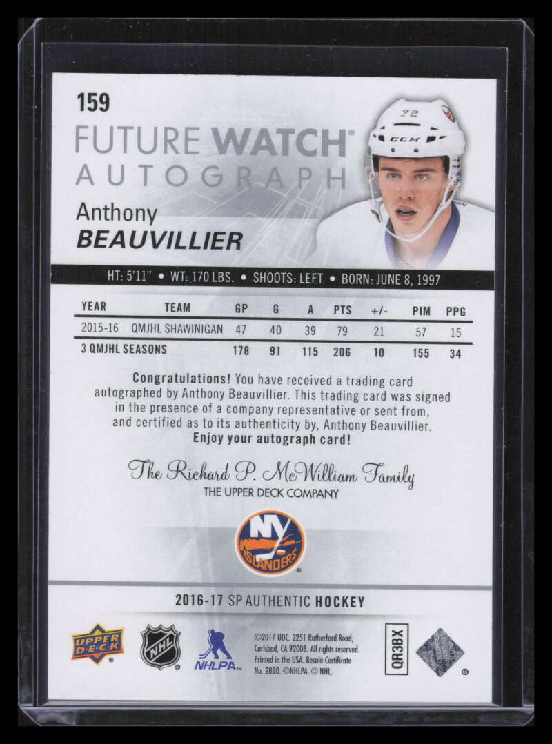 DELETE 128655 2016-17 SP Authentic 159 Anthony Beauvillier Rookie Auto 736/999 Future Watch