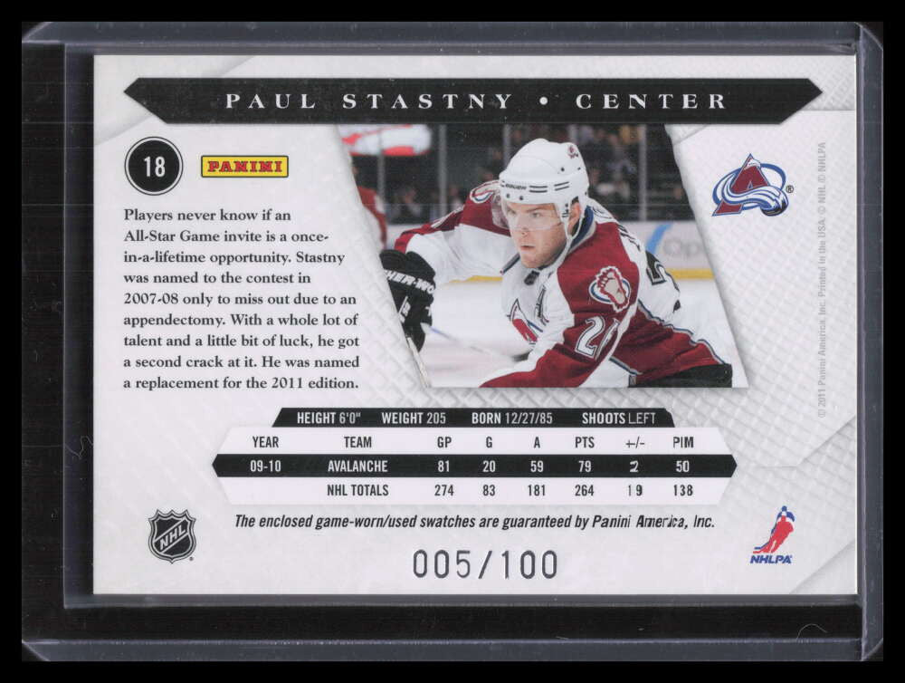 2010-11 Luxury Suite Jerseys Sticks 18 Paul Stastny Dual Stick Jersey 5/100