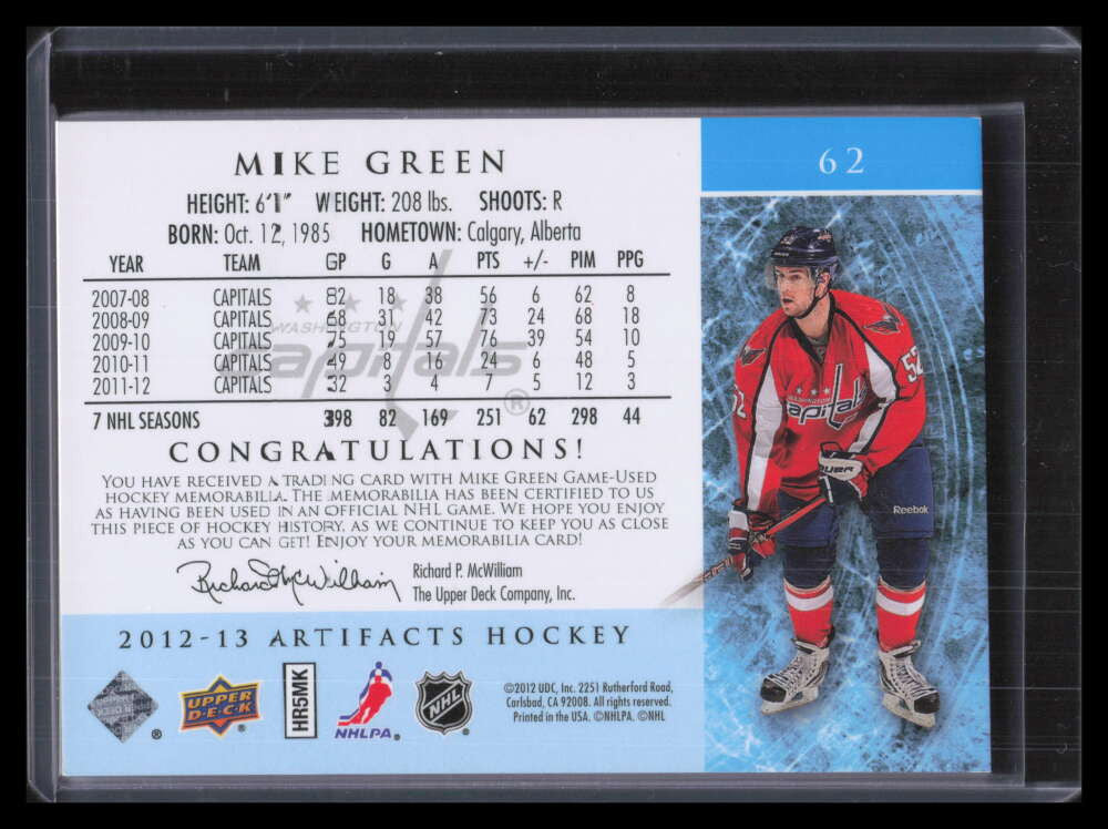 2012-13 Artifacts Jerseys Patch Emerald 62 Mike Green Dual Jersey Patch 34/75