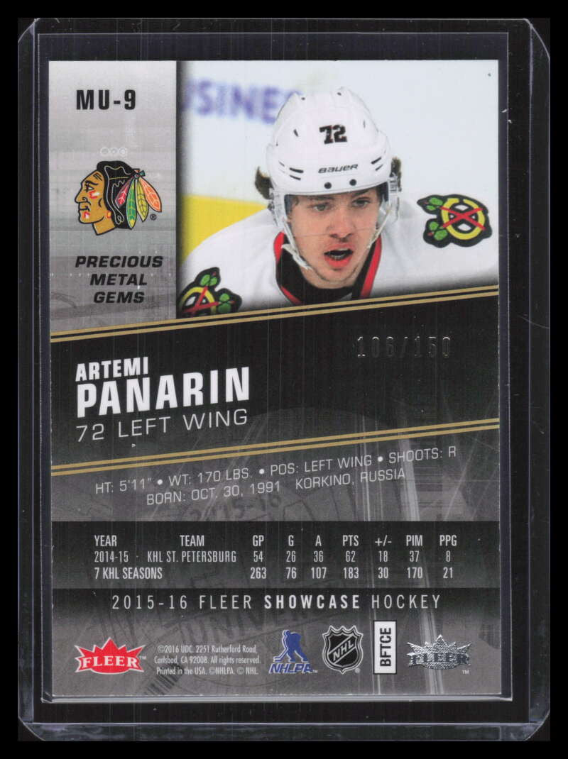 2015-16 Fleer Showcase Precious Metal Gems Red mu9 Artemi Panarin Rookie 106/150