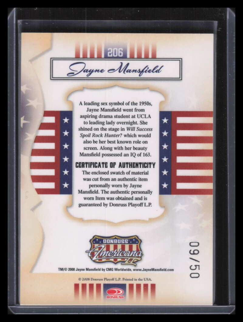 DELETE 128937 2008 Americana Stars Material Silver Proofs 206 Jayne Mansfield Shirt Relic 9/50