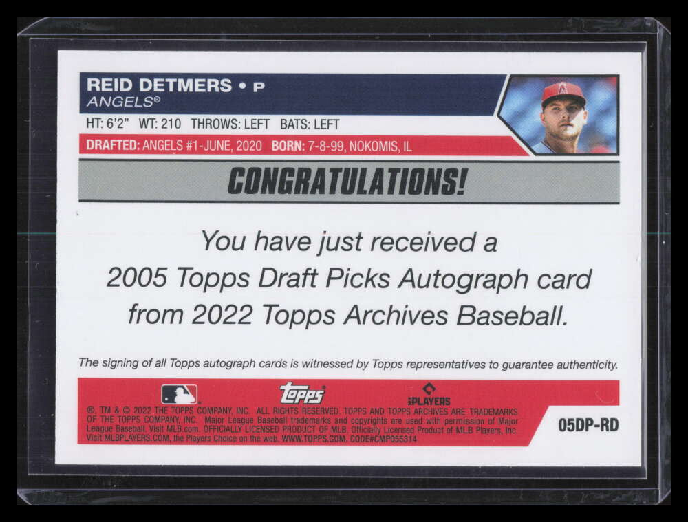 2022 Topps Archives '05 Draft Picks Autographs 05dprd Reid Detmers Rookie Auto