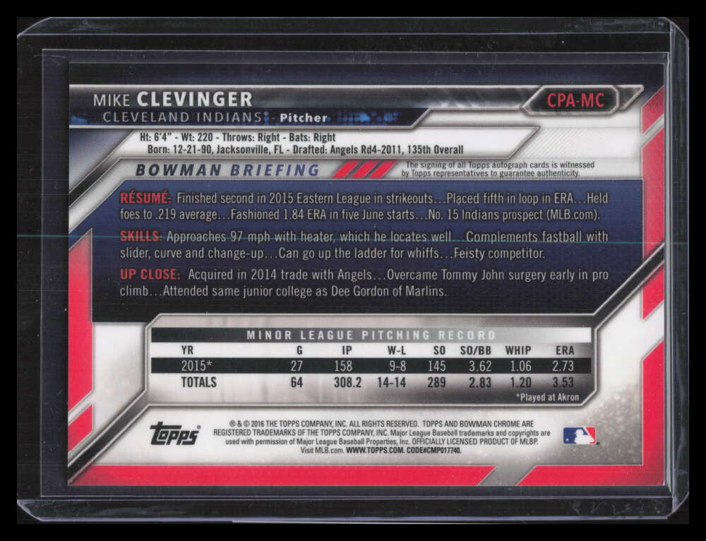 2016 Bowman Chrome Prospect Autographs CPAMC Mike Clevinger Rookie Auto