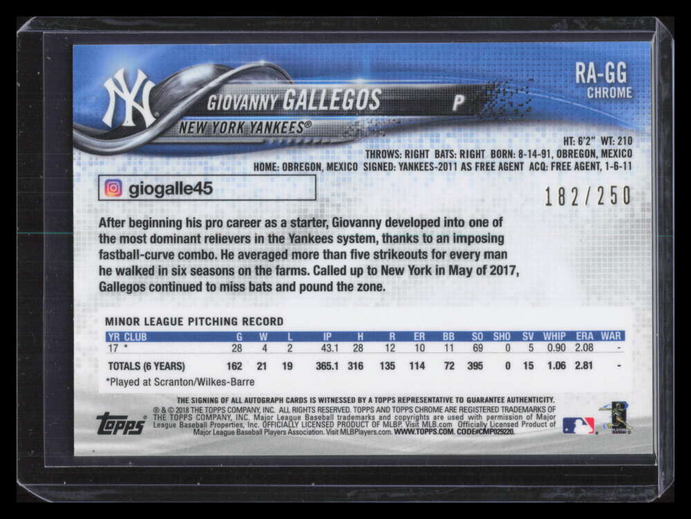 2018 Topps Chrome Autographs Purple Refractor Giovanny Gallegos RC Auto 182/250