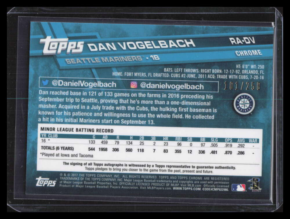 2017 Topps Chrome Autographs Purple Refractor Dan Vogelbach Rookie Auto 101/250