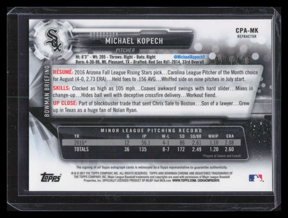 2017 Bowman Chrome Autographs Refractor Michael Kopech Rookie Auto 10/499