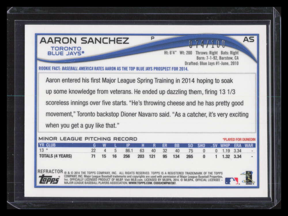 2014 Topps Chrome Autographs Black Refractor AS Aaron Sanchez Rookie Auto 74/100