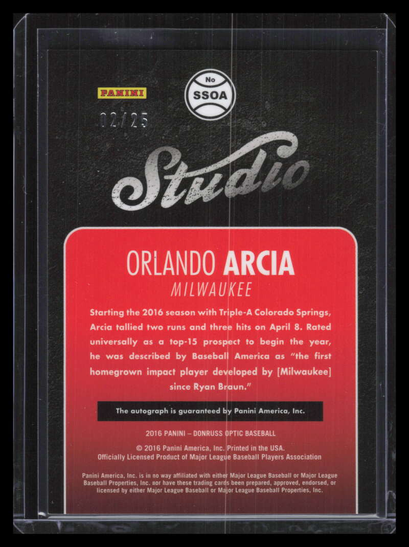 2016 Donruss Optic Studio Signatures Red 25 Orlando Arcia Rookie Auto 2/25