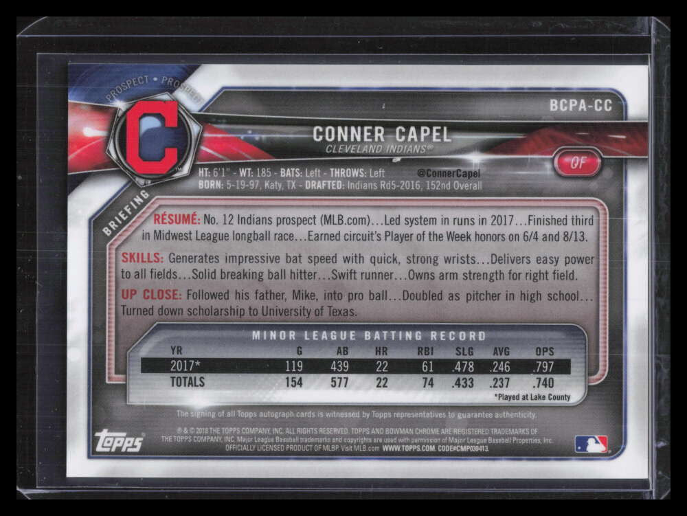 2018 Bowman Chrome Autographs Blue Refractor Conner Capel Rookie Auto 10/150