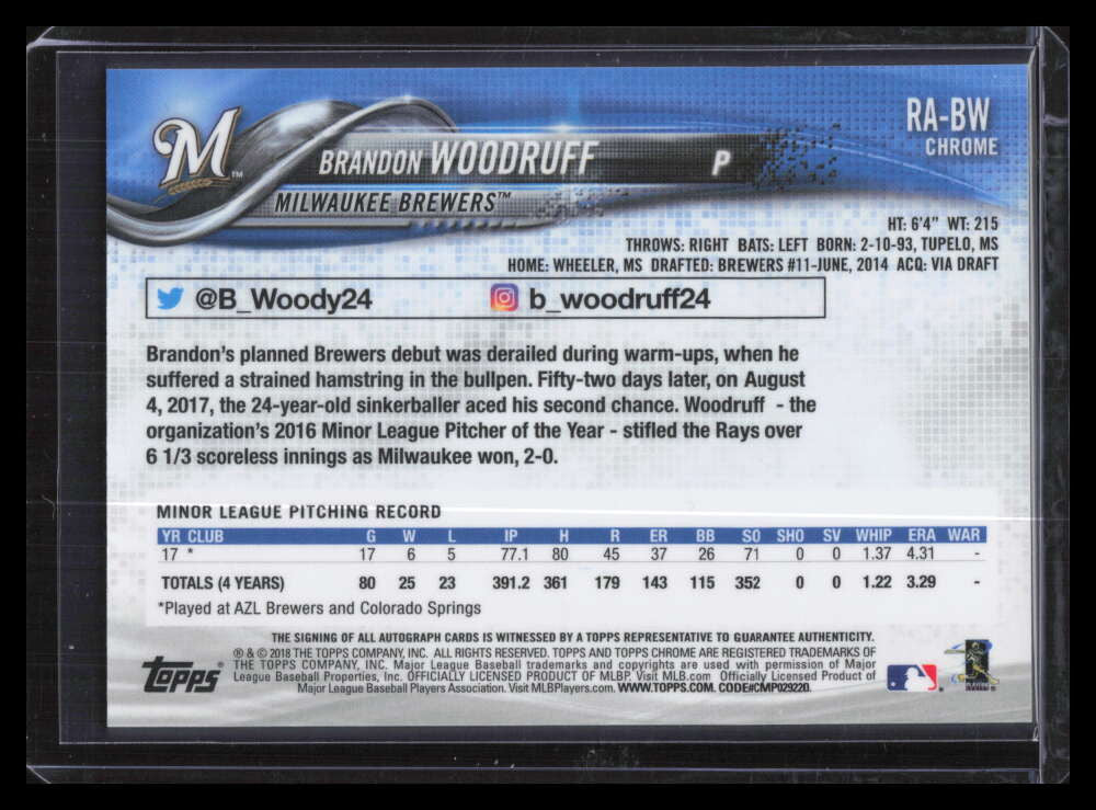 2018 Topps Chrome Rookie Autographs RABW Brandon Woodruff Rookie Auto F00429