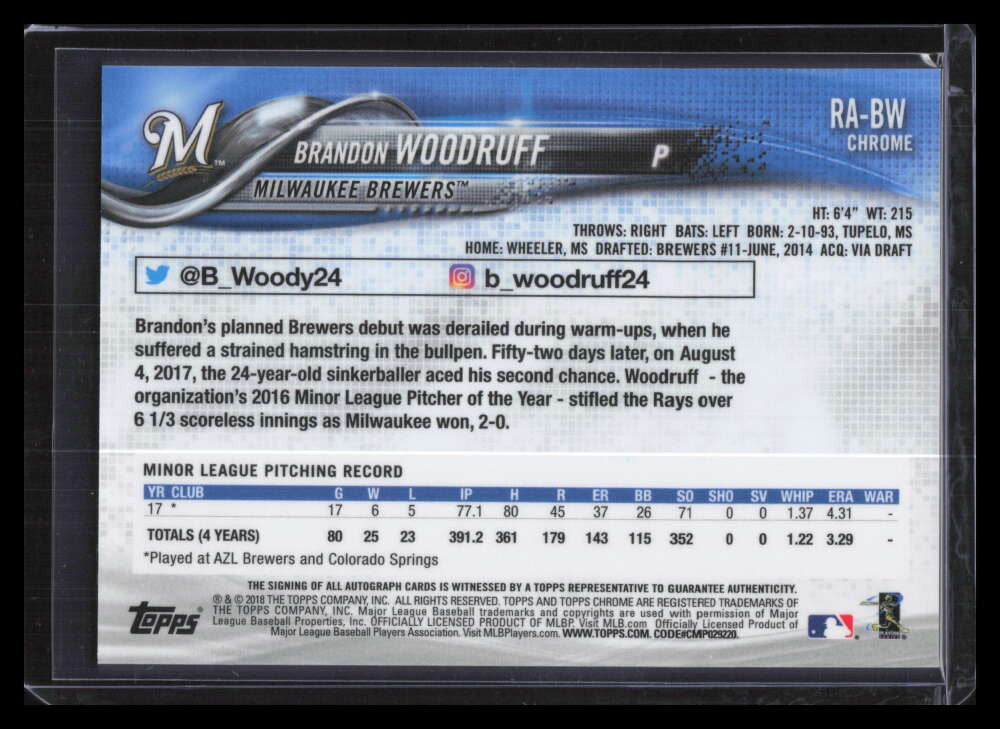 2018 Topps Chrome Rookie Autographs RABW Brandon Woodruff Rookie Auto F00430