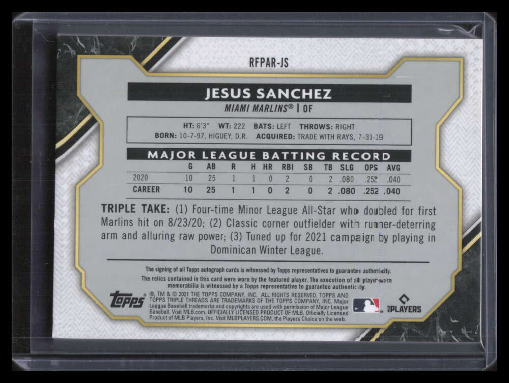 2021 Topps Triple Threads Onyx RFPARJS Jesus Sanchez Rookie Jersey Auto 6/25