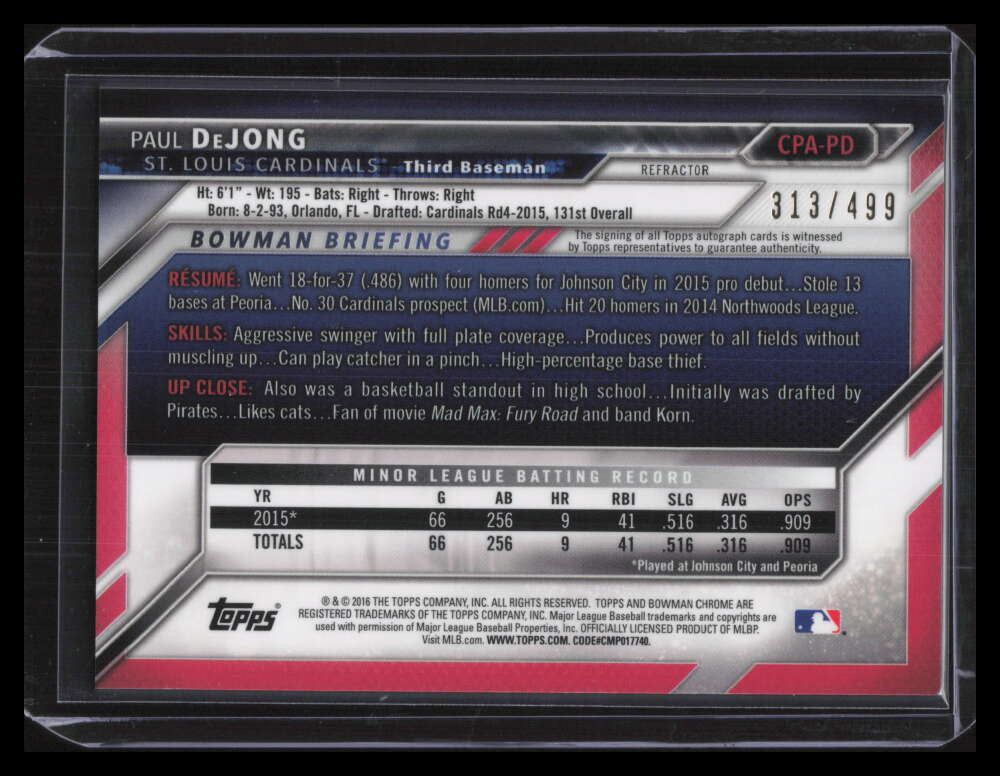2016 Bowman Chrome Autographs Refractor CPAPD Paul DeJong Rookie Auto 313/499
