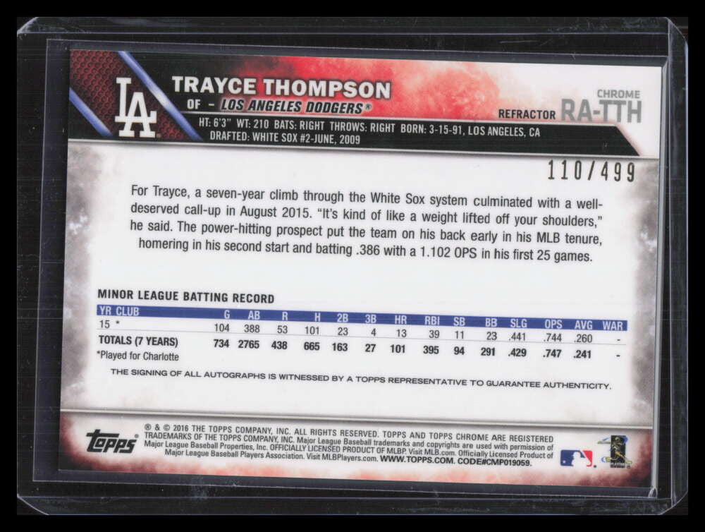 2016 Topps Chrome Autographs Refractor RATTH Trayce Thompson Rookie Auto 110/499