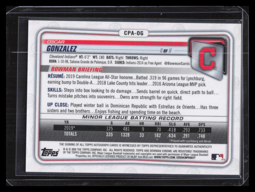 DELETE 129217 2020 Bowman Chrome Prospect Autographs CPAOG Oscar Gonzalez Rookie Auto