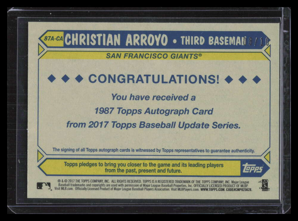 2017 Topps Update '87 Autographs Wood 87aca Christian Arroyo Rookie Auto 8/10