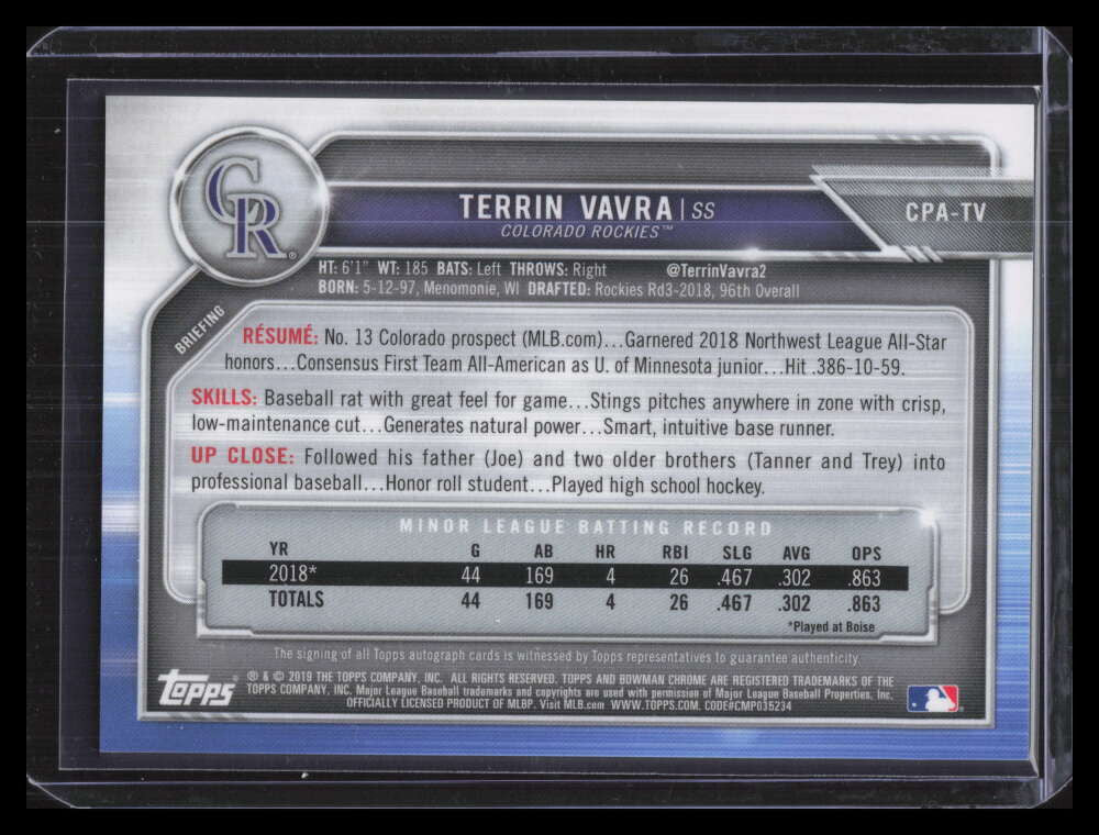 DELETE 129226 2019 Bowman Chrome Autographs Blue Refractor Terrin Vavra Rookie Auto 94/150