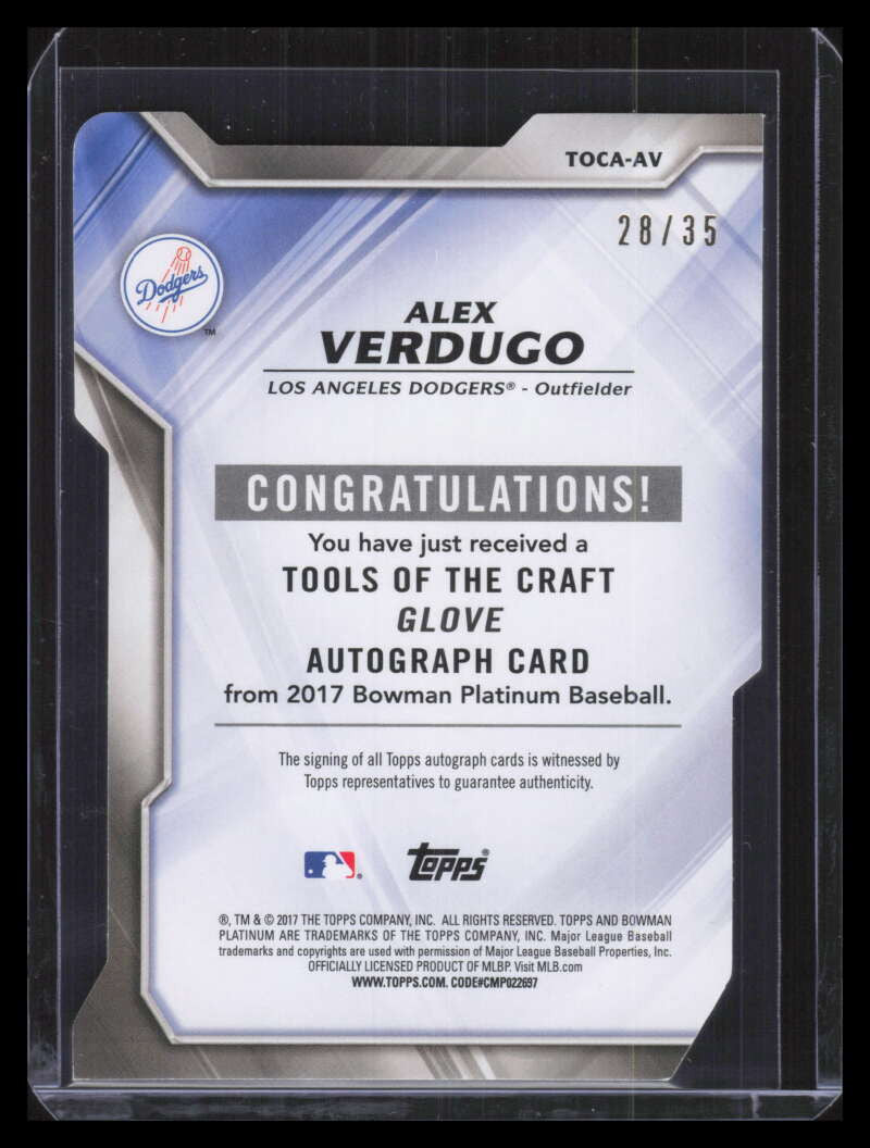 DELETE 129230 2017 Bowman Platinum Tools of Craft Autographs Alex Verdugo Rookie Auto 28/35