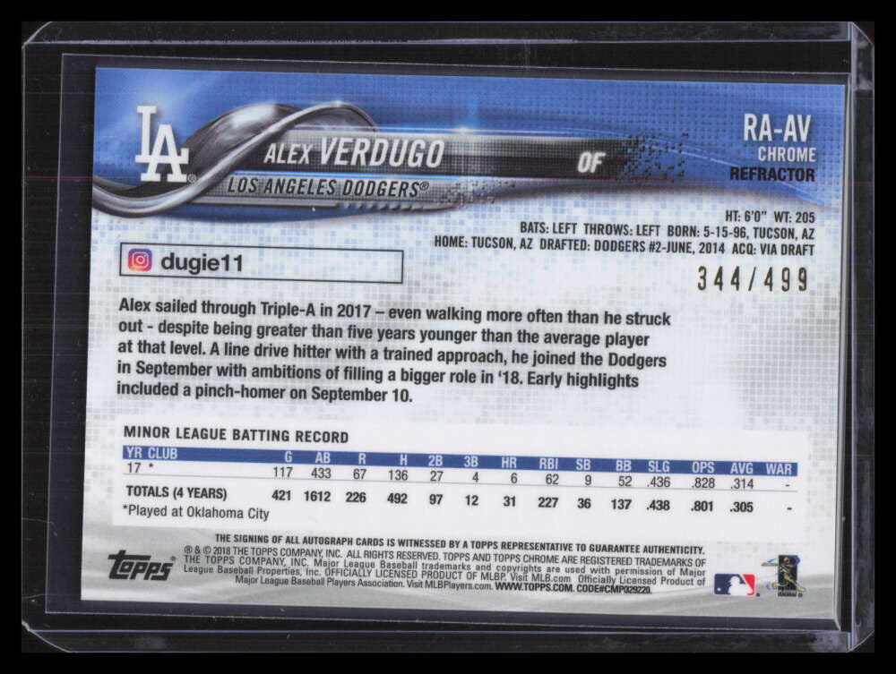 DELETE 129232 2018 Topps Chrome Autographs Refractor RAAV Alex Verdugo Rookie Auto 344/499