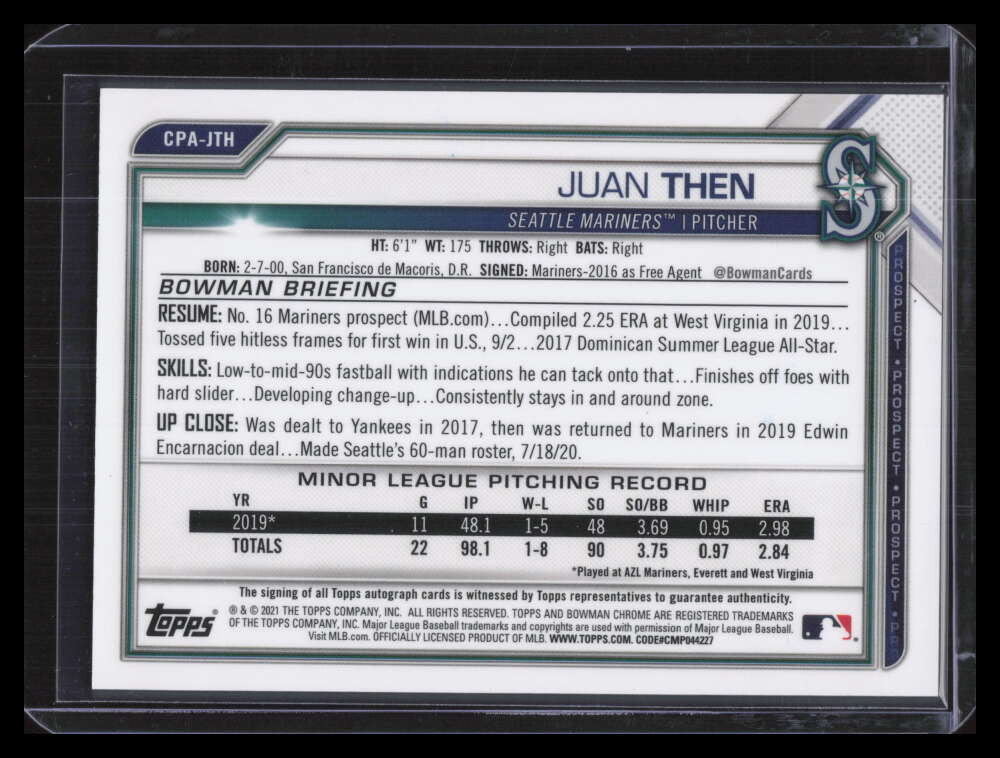 DELETE 129233 2021 Bowman Chrome Autographs Orange Shimmer Refractor Juan Then RC Auto 11/25
