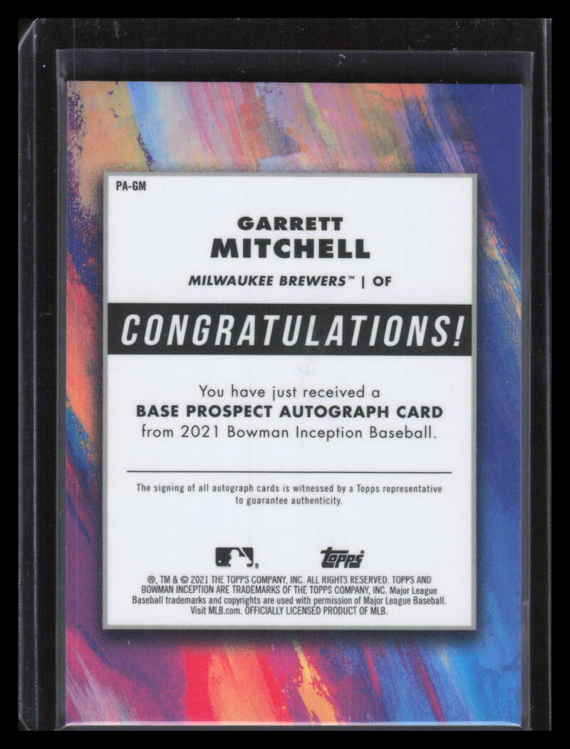 2021 Bowman Inception Autographs PAGM Garrett Mitchell Rookie Auto 9/200