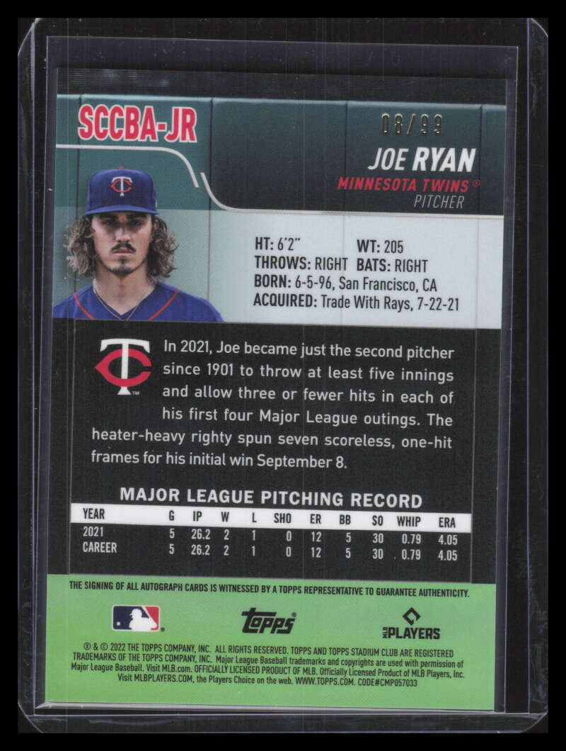 DELETE 129254 2022 Stadium Club Chrome Autographs Green Refractor Joe Ryan Rookie Auto 8/99