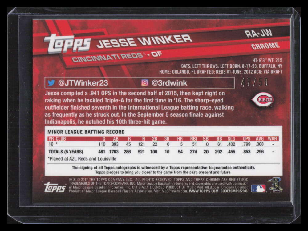 2017 Topps Chrome Autographs Gold Refractor RAJW Jesse Winker Rookie Auto 47/50