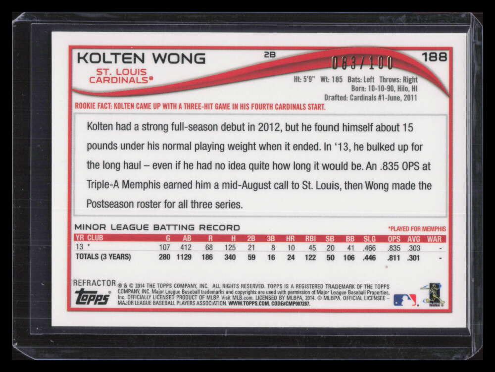 2014 Topps Chrome Autographs Black Refractor 188 Kolten Wong Rookie Auto 83/100