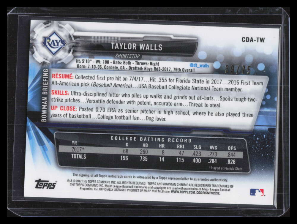 DELETE 129259 2017 Bowman Chrome Autographs Black Refractor Taylor Walls Rookie Auto 39/75