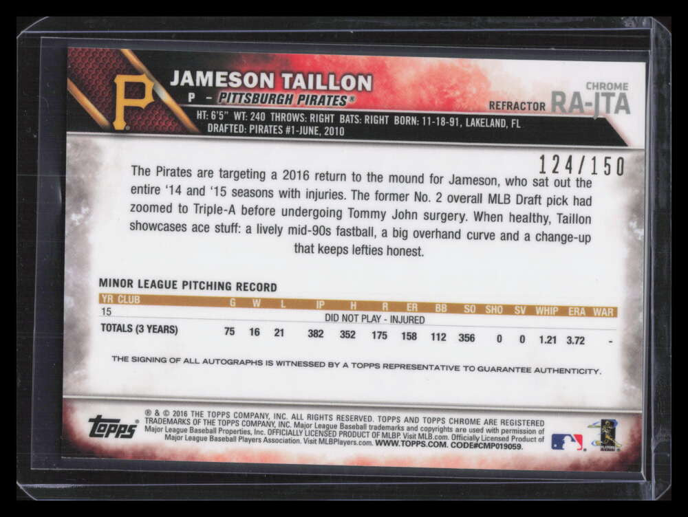 2016 Topps Chrome Autographs Blue Refractor Jameson Taillon Rookie Auto 124/150