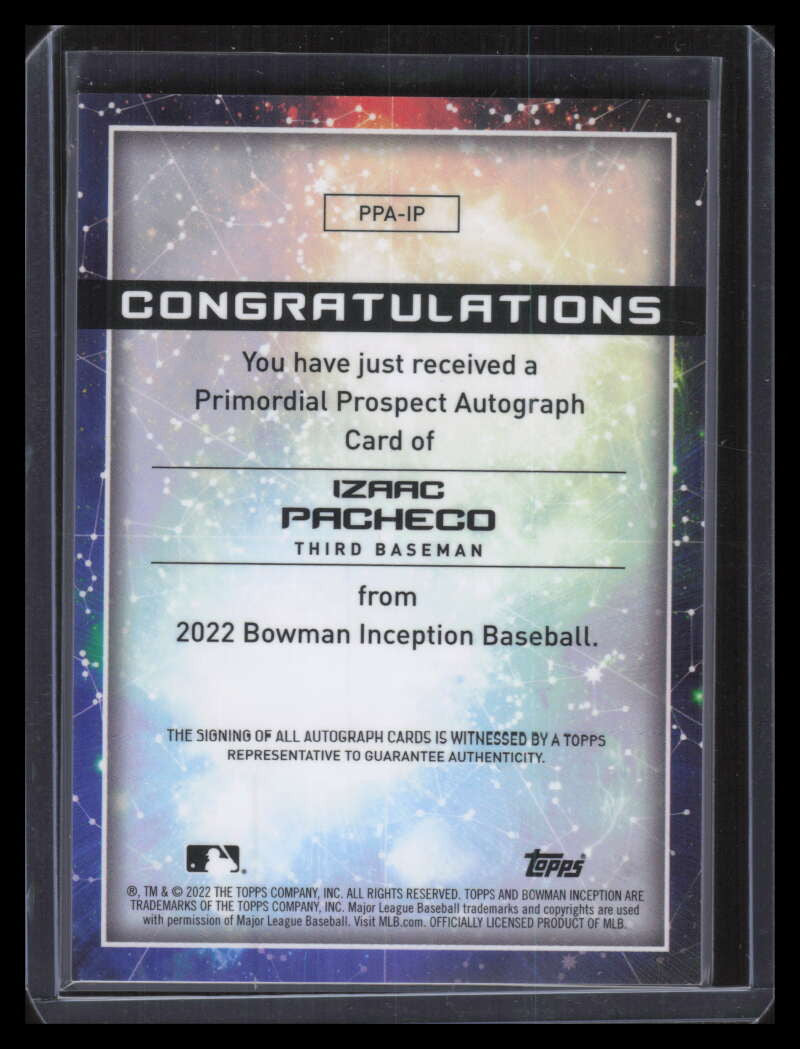 2022 Bowman Inception Primordial Autographs Blue Izaac Pacheco Rookie Auto 43/75