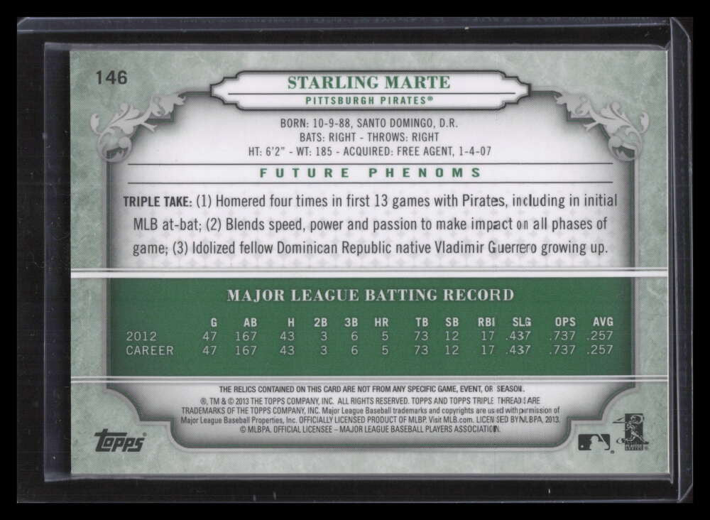 2013 Topps Triple Threads Emerald 146 Starling Marte Jersey Auto 42/50