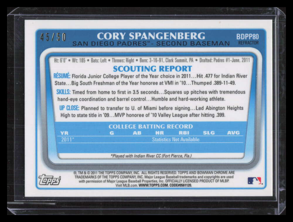2011 Bowman Chrome Draft Gold Refractor bdpp80 Cory Spangenberg Rookie 45/50