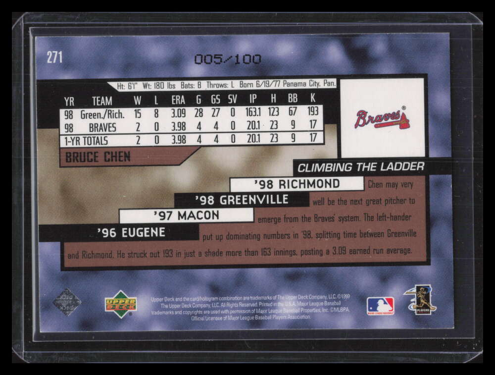 1999 Upper Deck Exclusives Level 1 271 Bruce Chen SR 5/100 Star Rookie