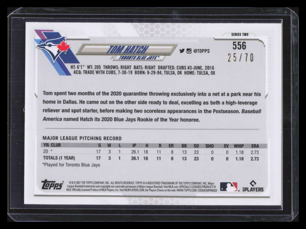 2021 Topps Black 556 Tom Hatch Rookie 25/70