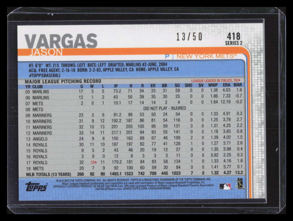 2019 Topps Father's Day Blue 418 Jason Vargas 13/50