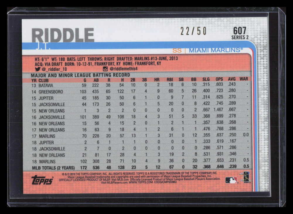 2019 Topps Father's Day Blue 607 J. T. Riddle 22/50