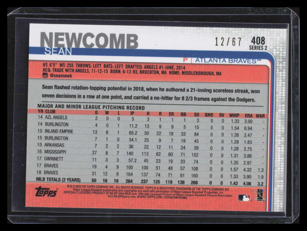 2019 Topps Black 407 Sean Newcomb 12/67