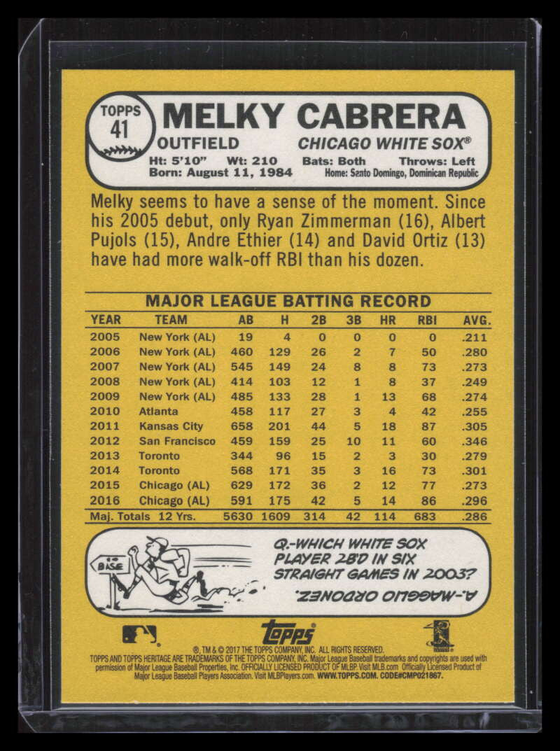 2017 Topps Heritage Blue 41 Melky Cabrera /50