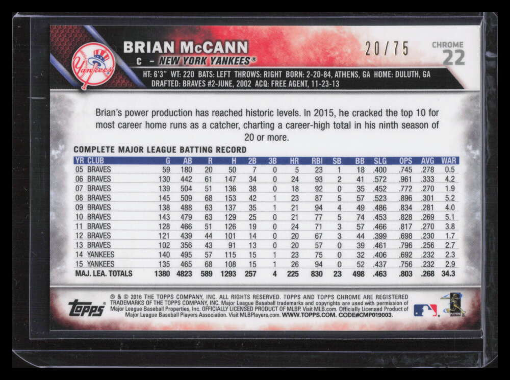 2016 Topps Chrome Blue Wave Refractor 22 Brian McCann 20/75