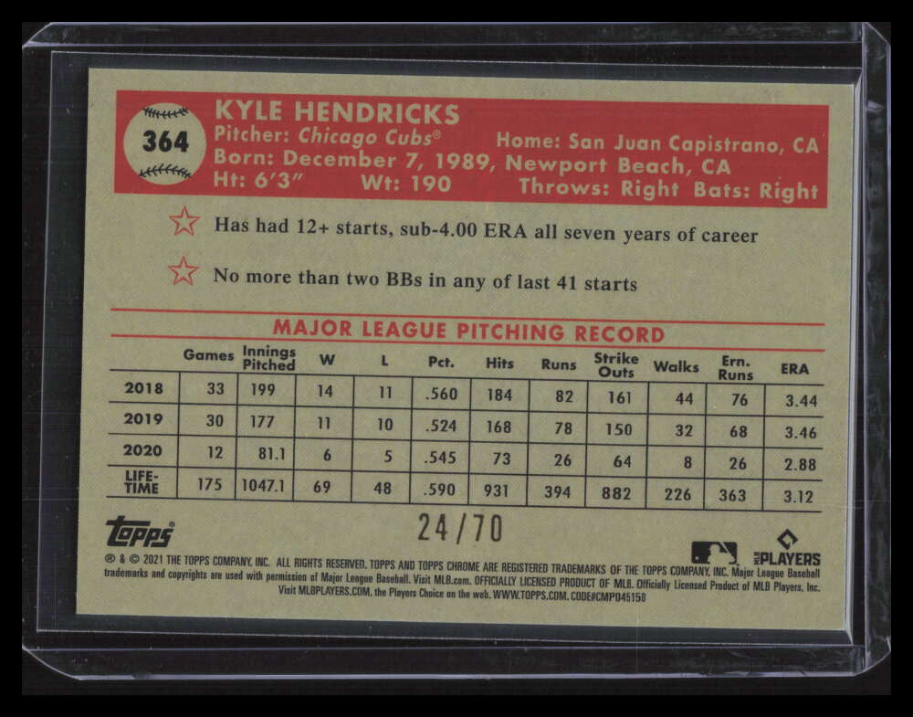SOLD 129384 2021 Topps Chrome Platinum Mini Diamond 70th Refractor 364 Kyle Hendricks 24/70