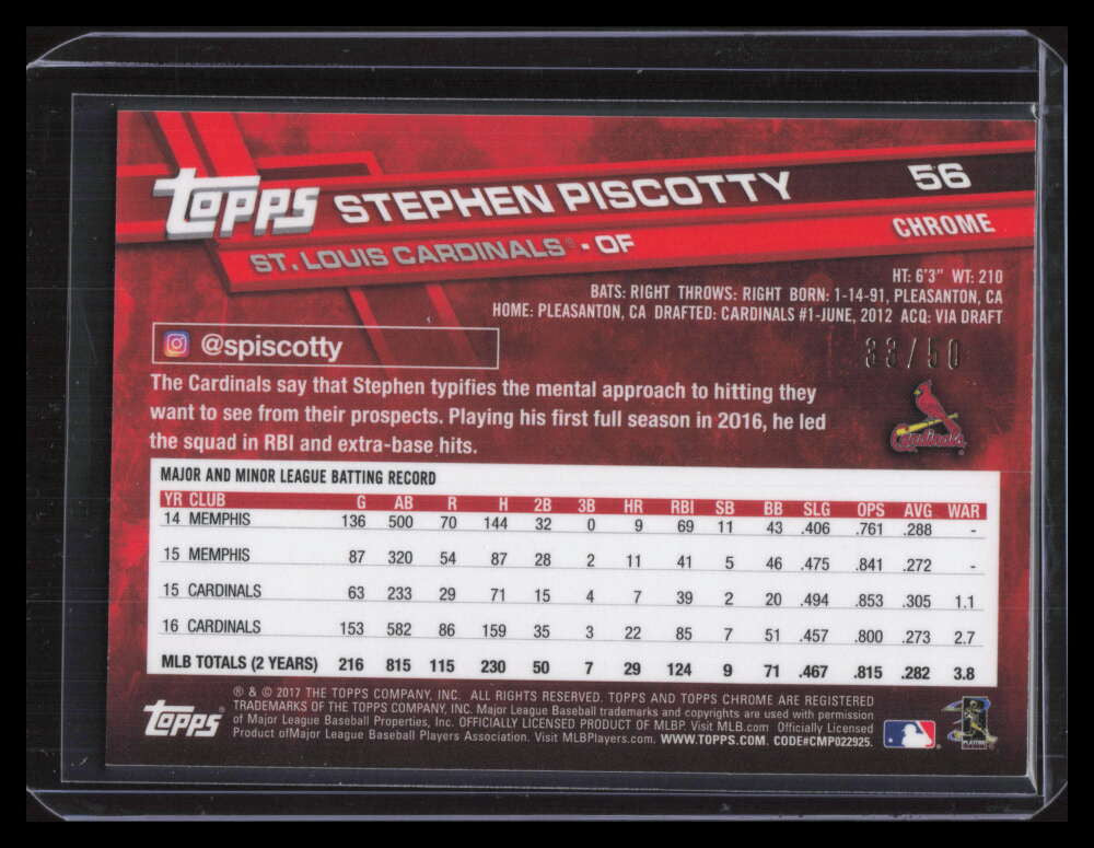 SOLD 129387 2017 Topps Chrome Gold Wave Refractor 56 Stephen Piscotty 33/50