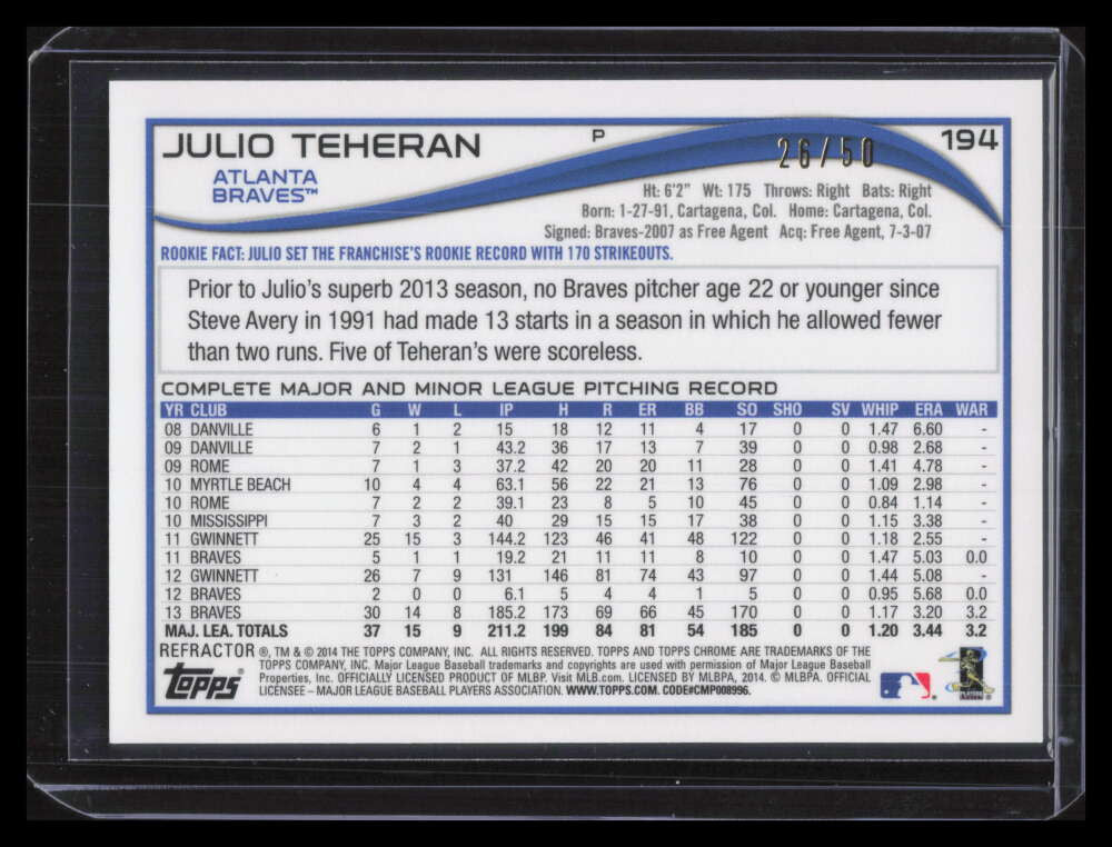2014 Topps Chrome Gold Refractor 194 Julio Teheran 26/50